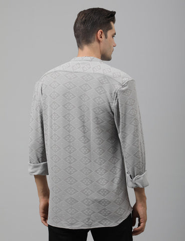 Buy Men's Light Grey Self-Design Mandarin Shirt Online