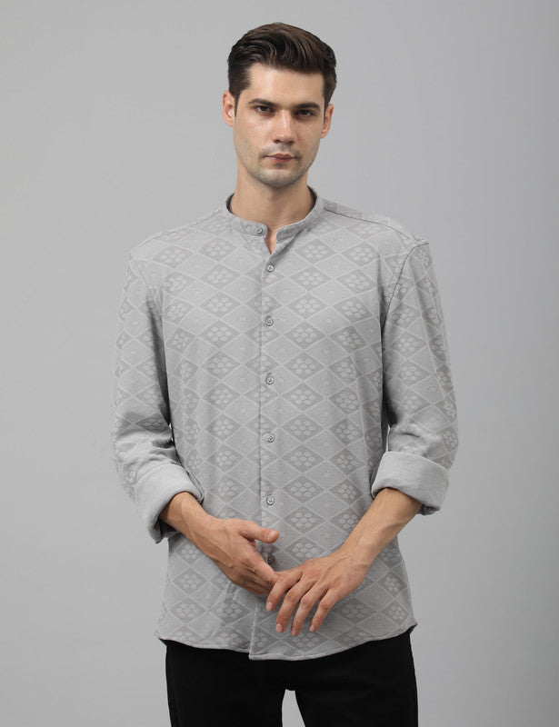 Men's Light Grey Self-Design Mandarin Shirt