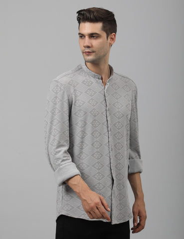 Buy Men's Light Grey Self-Design Mandarin Shirt