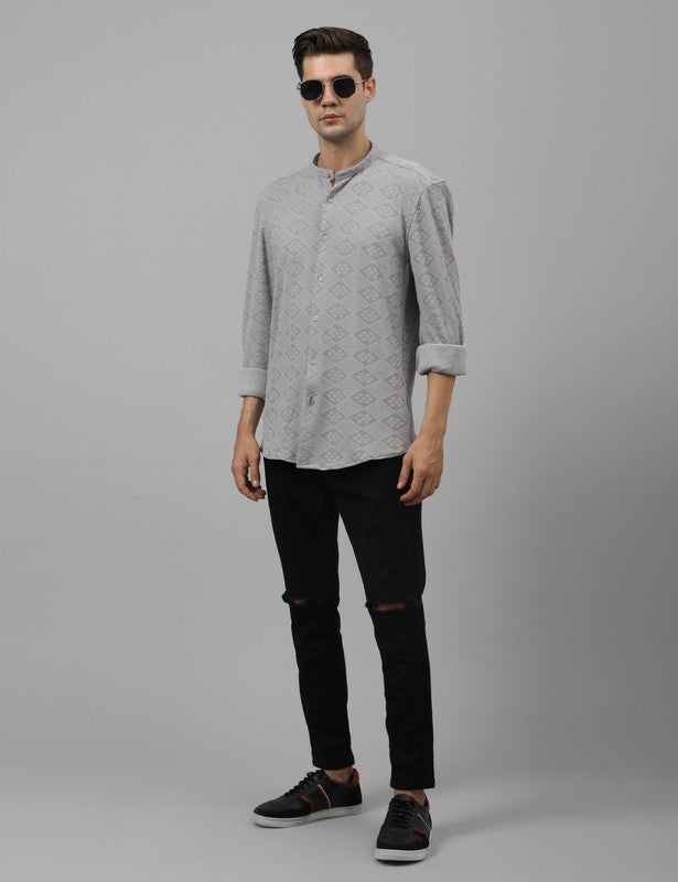 Men's Light Grey Self-Design Mandarin Shirt Online