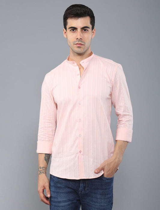 Pink Stripe Poly Cotton Mix With Mandarin Collar Shirt