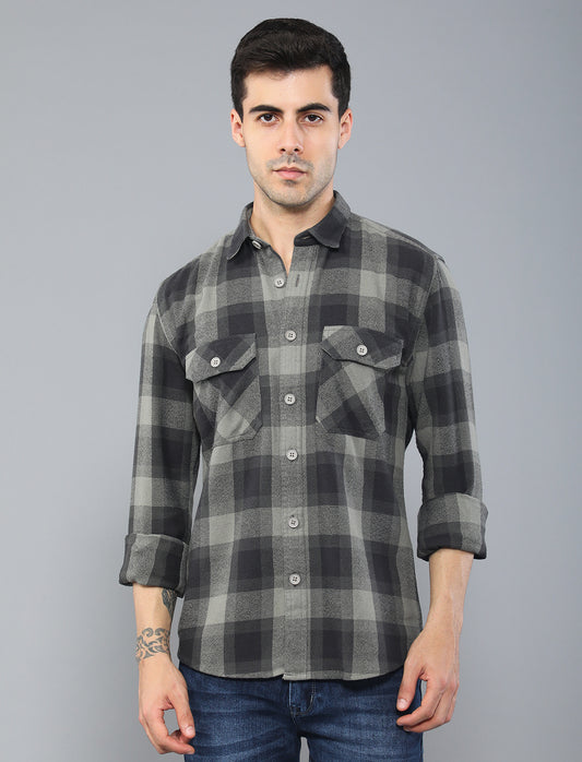  Grey Black Waved Cotton Shirt With Double Pockets
