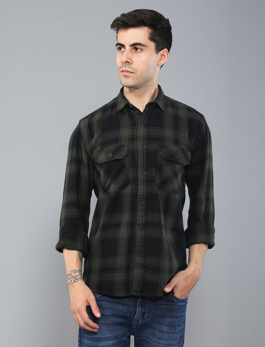 Black Green Waved Cotton Shirt With Double Pockets