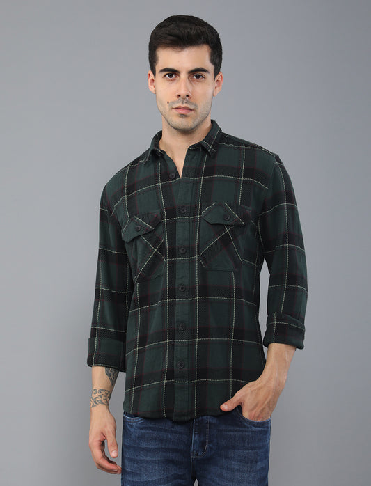 Green Waved Cotton Shirt With Double Pockets