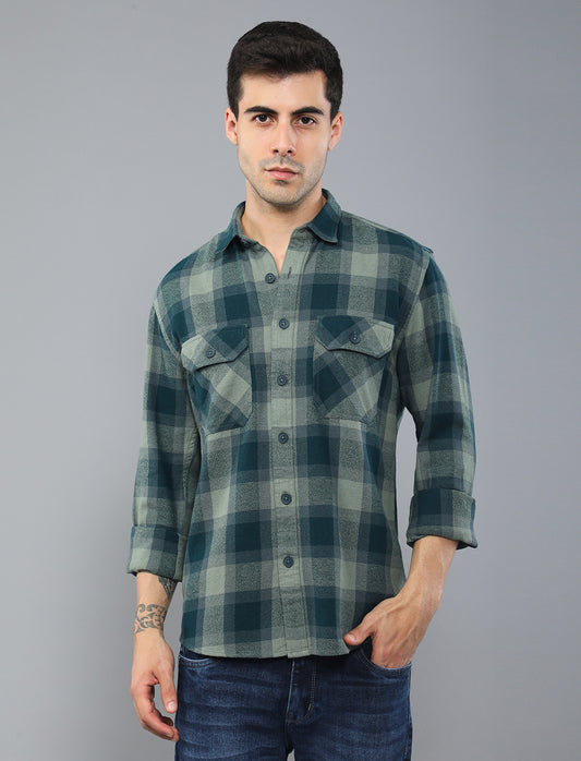 Green Waved Cotton Shirt With Double Pockets