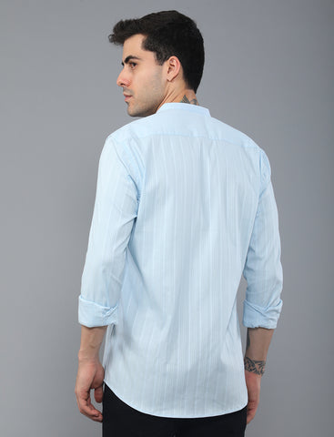 Blue Stripe Poly Cotton Shirt With Mandarin Collar Shirt For Men Online
