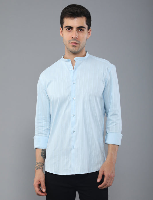 Blue Stripe Poly Cotton Shirt With Mandarin Collar Shirt