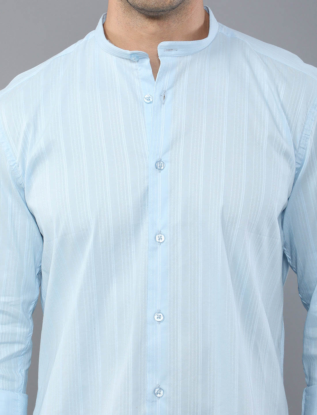 Buy Blue Stripe Mandarin Collar Shirt For Men Online 