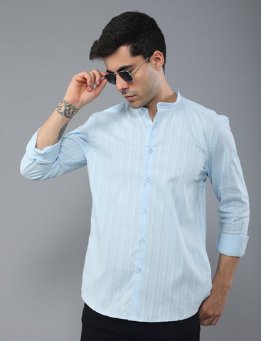 Shop Blue Stripe Mandarin Collar Poly Cotton Men's Shirt Online
