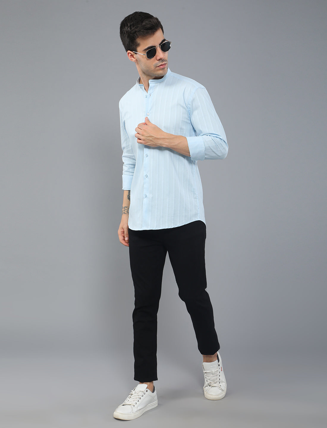 Best Blue Stripe Poly Cotton Shirt Mandarin Collar For Men Online 