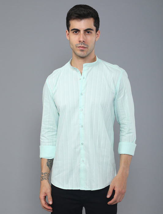 Green Stripe Poly Cotton Shirt With Mandarin Collar Shirt