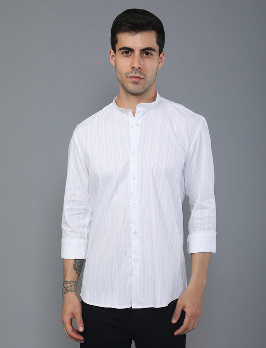White Stripe Poly Cotton Shirt With Mandarin Collar Shirt