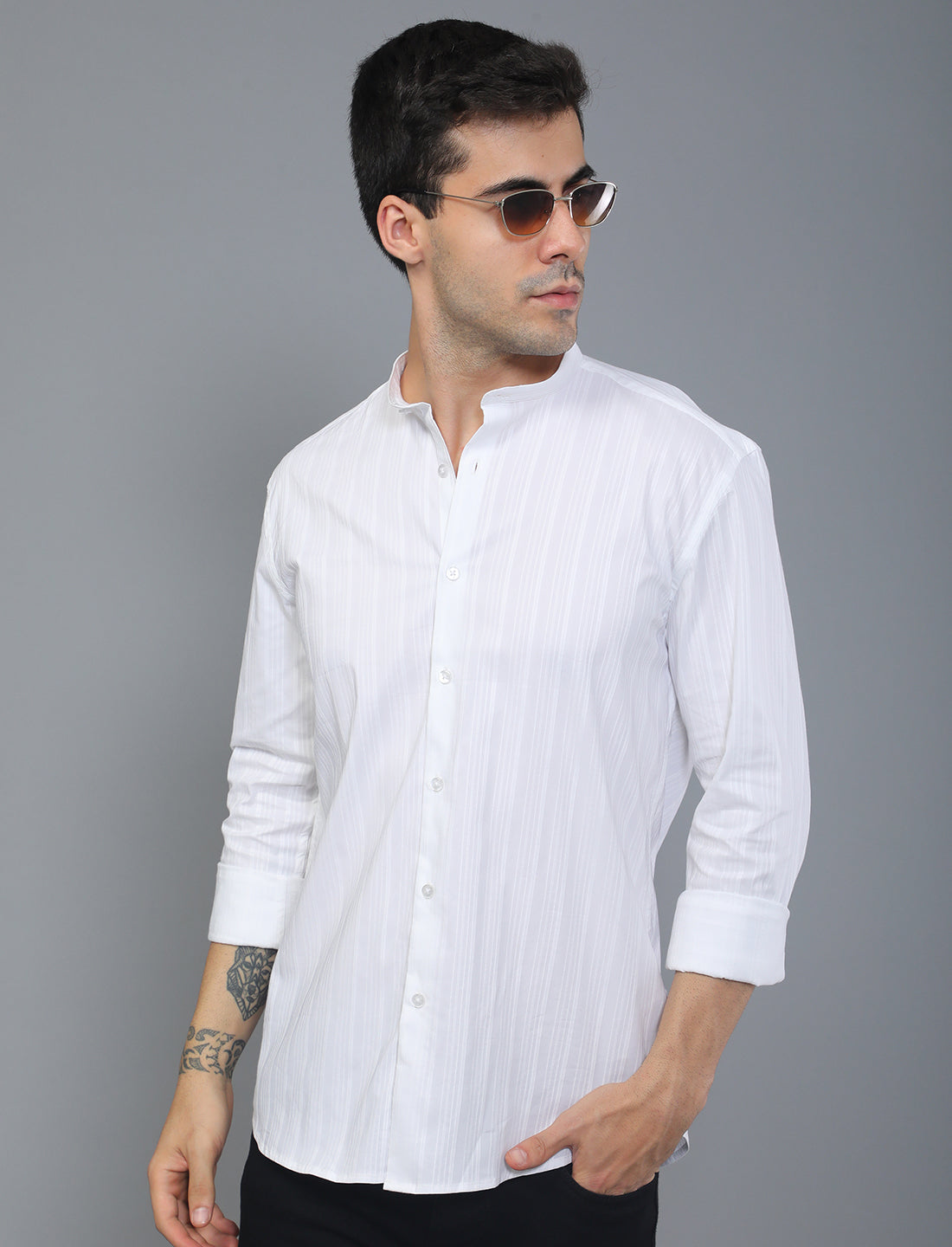 Shop White Stripe Mandarin Collar Shirt For Men Online