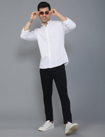 White Mandarin Collar Stripe Poly Cotton Men's Shirt Online
