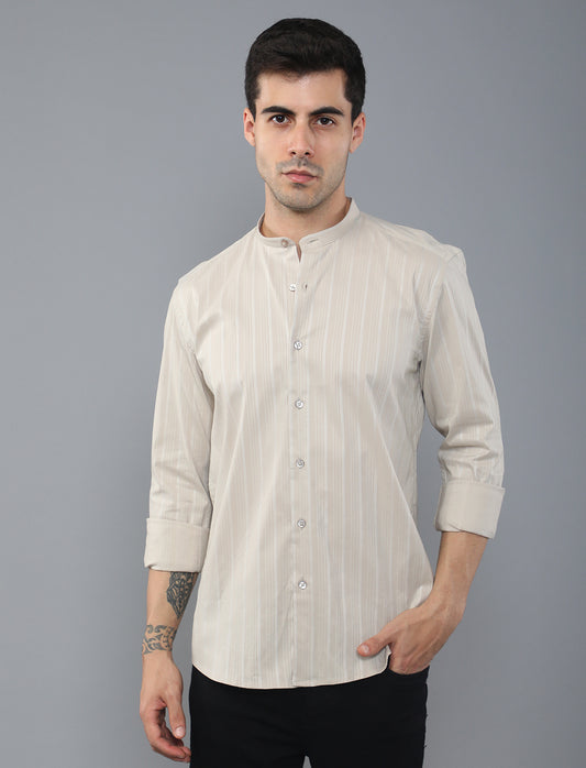 Grey Stripe Poly Cotton Shirt With Mandarin Collar Shirt