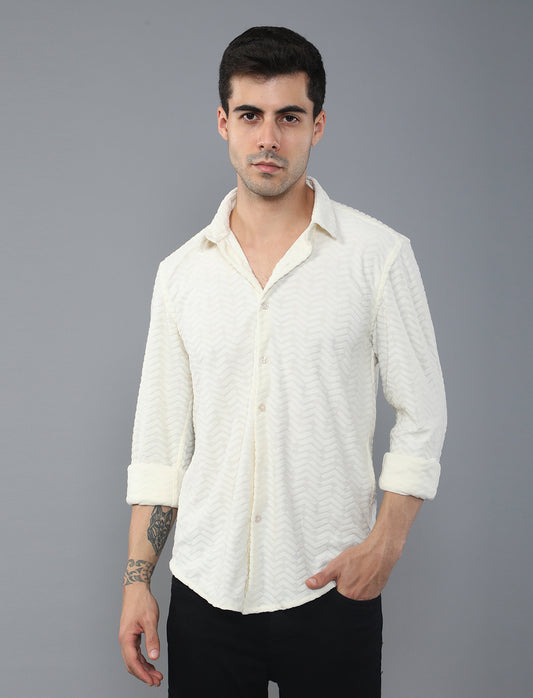 Cream Zigzag Poly Cotton Blend With Velvet Texture Shirt