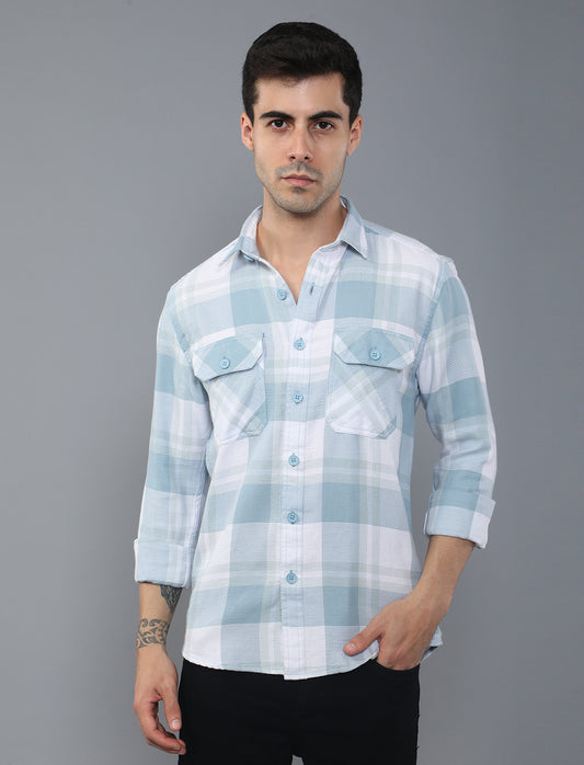 Light Blue Waved Cotton Shirt With Double Pockets