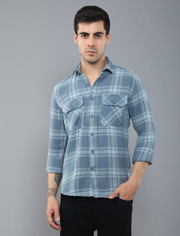 Blue Waved Cotton Shirt With Double Pockets