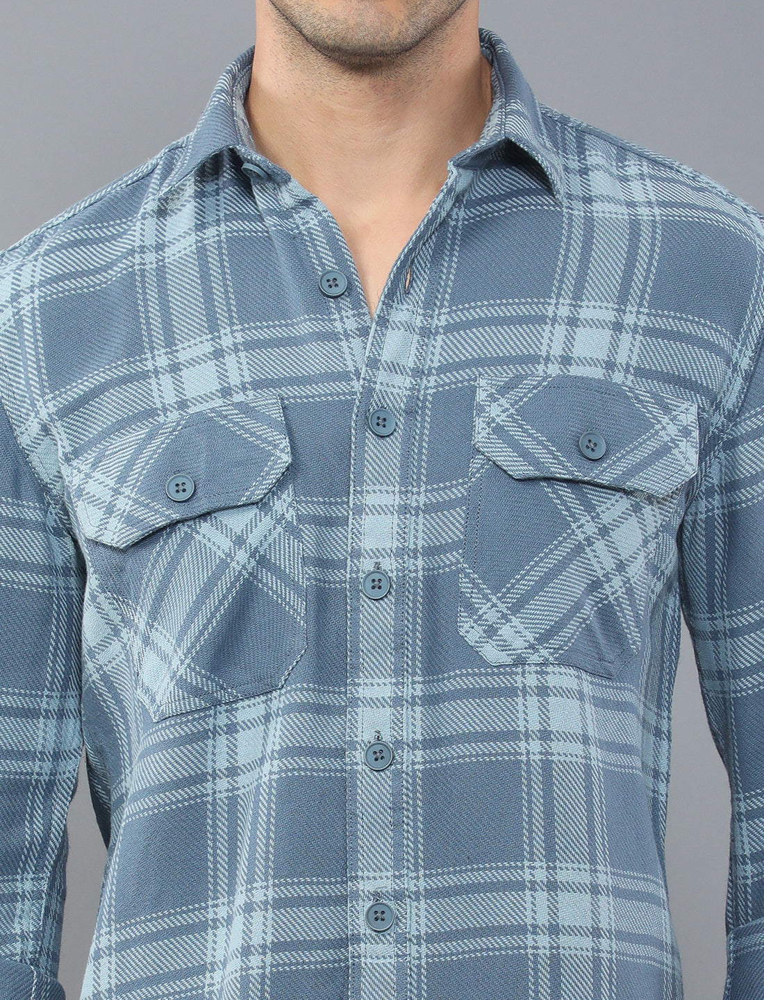 Buy Blue Waved Cotton Shirt With Double Pockets For Men Online