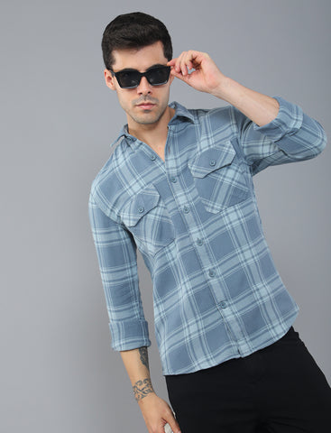 Blue Waved Cotton Shirt With Double Pockets For Men Online Shopping