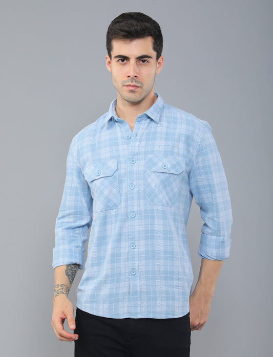 Blue Waved Cotton Shirt With Double Pockets