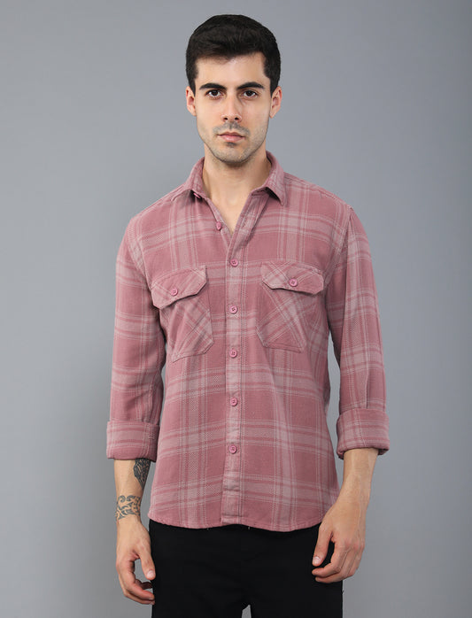 Light Red Waved Cotton Shirt With Double Pockets