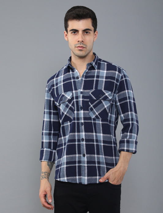 Dark Blue Waved Cotton Shirt With Double Pockets