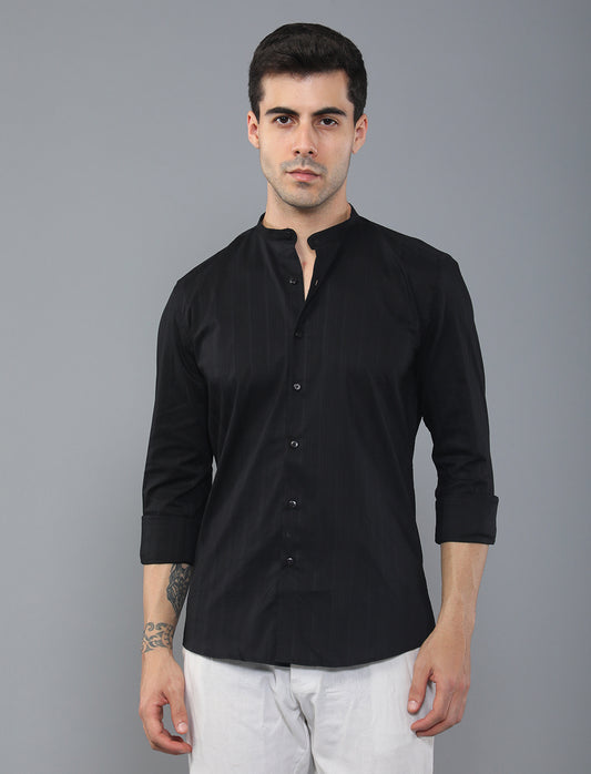 Black Stripe Poly Cotton Shirt With Mandarin Collar Shirt