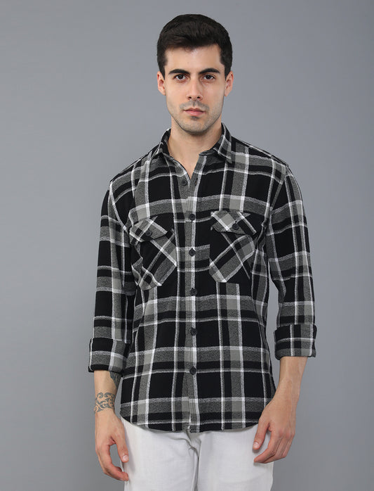 Black Waved Cotton Shirt With Double Pockets
