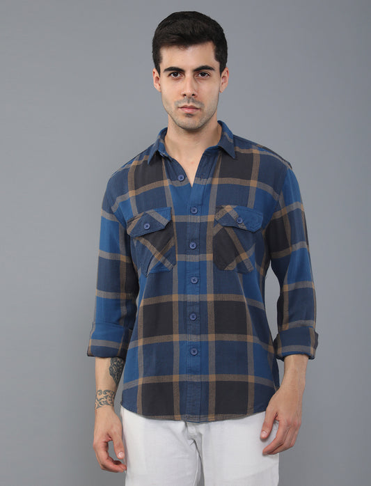 Black Blue Waved Cotton Shirt With Double Pockets