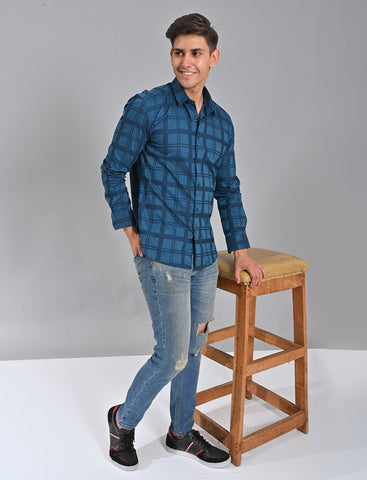 Shop Dark Blue Checked Shirt Online