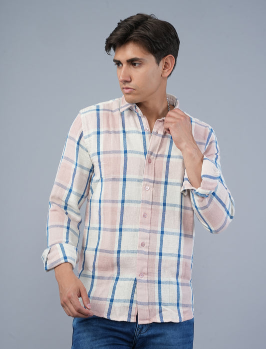 Blue Pink Woven Cotton Checked Shirt