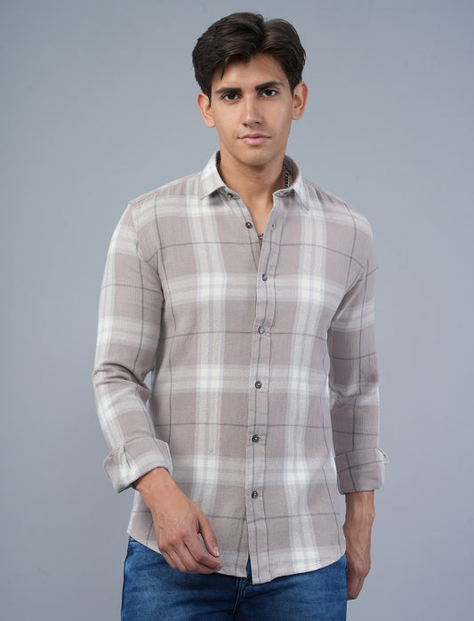 Pale Grey Woven Cotton Checked Shirt