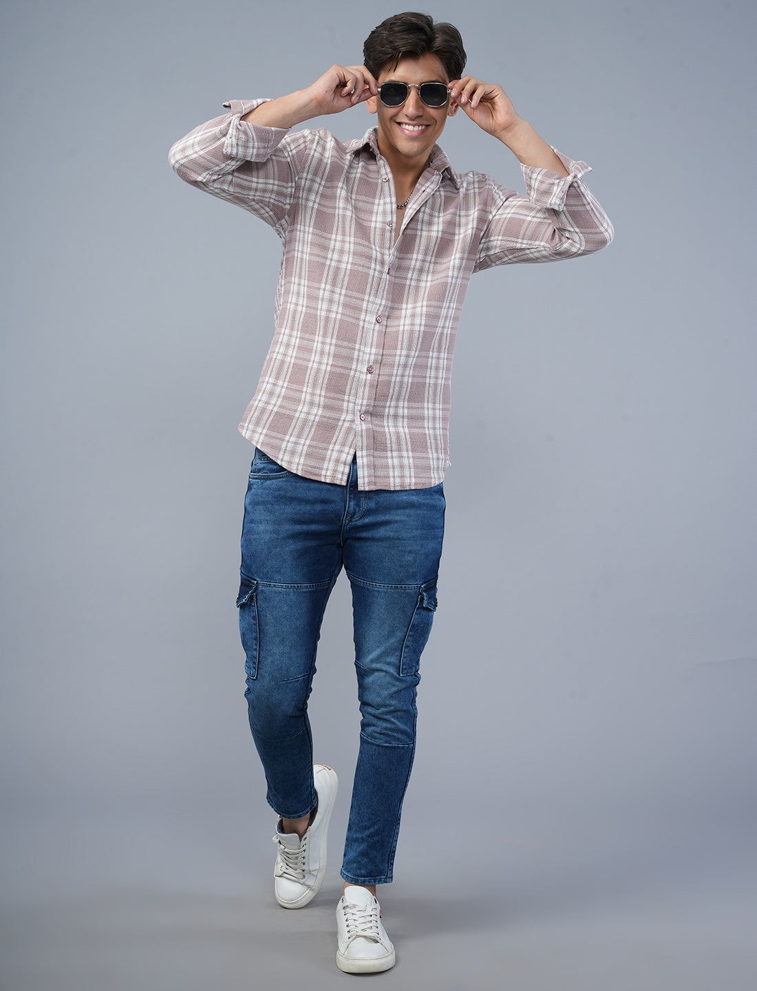  Pale Pink Woven Cotton Checked Shirt For Men Online Shopping