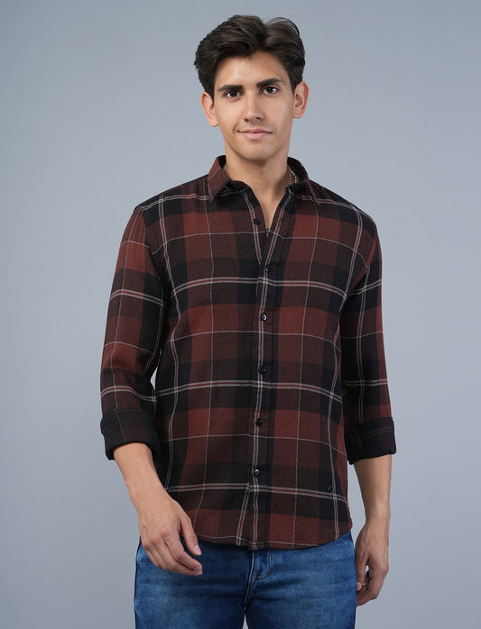 Maroon Woven Cotton Checked Shirt