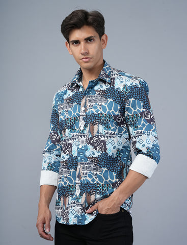 Graphic Sea Blue Printed Full Sleeve Shirt For Men