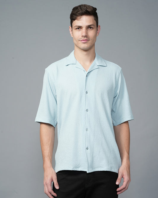 Blue Cuban Collar Solid Shirt