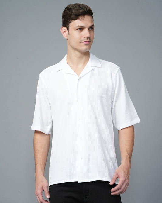 White Cuban Collar Solid Shirt