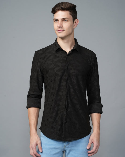 Black Geometric Poly Cotton Blend With Velvet Texture Shirt