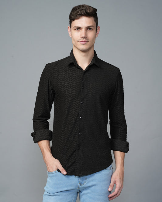 Black Zigzag Poly Cotton Blend With Velvet Texture Shirt