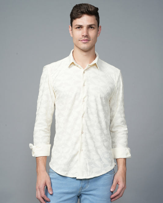 Cream Geometric Poly Cotton Blend With Velvet Texture Shirt
