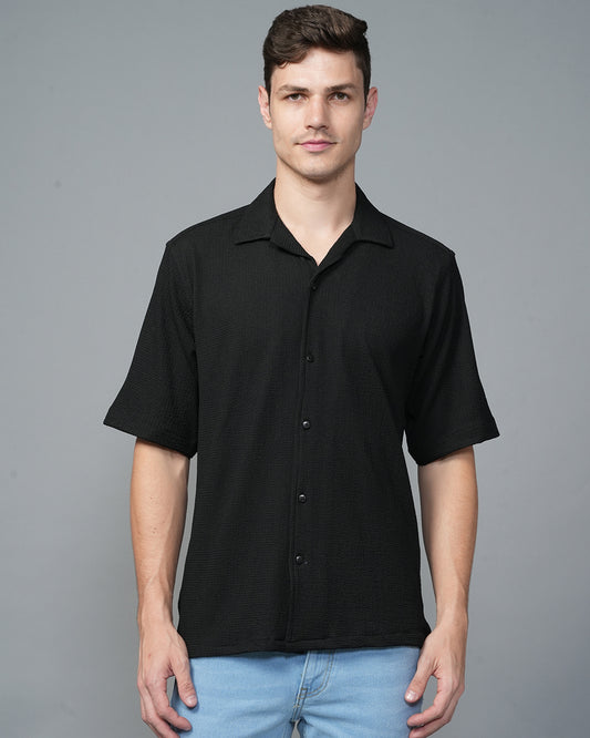 Black Cuban Collar Solid Shirt