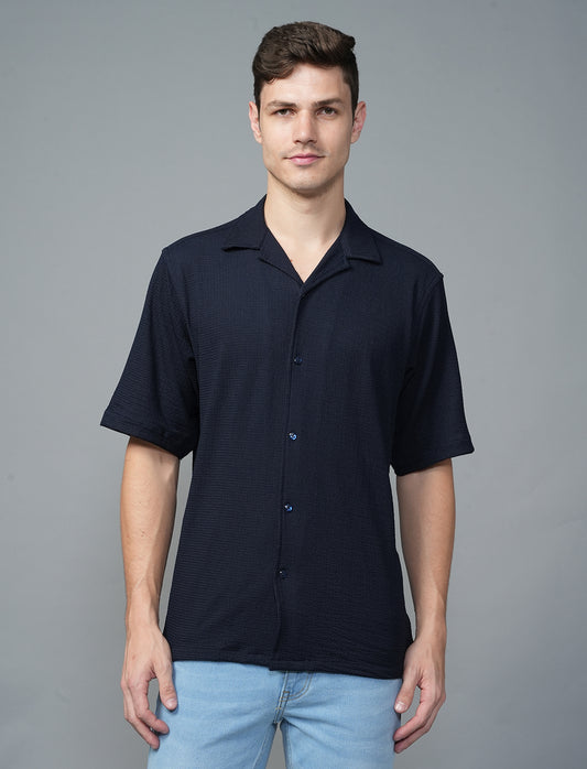 Dark Blue Cuban Collar Solid Shirt