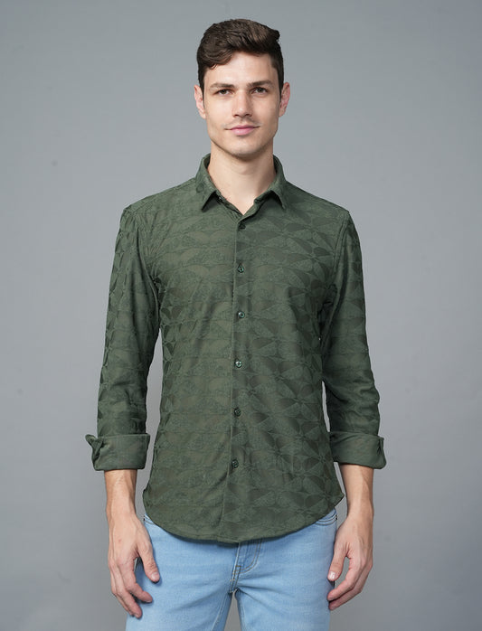 Green Geometric Poly Cotton Blend With Velvet Texture Shirt