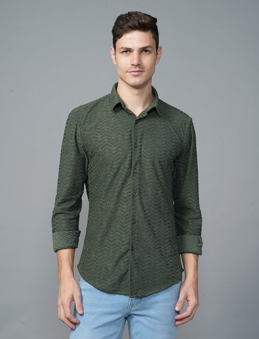 Green Zigzag Poly Cotton Blend With Velvet Texture Shirt