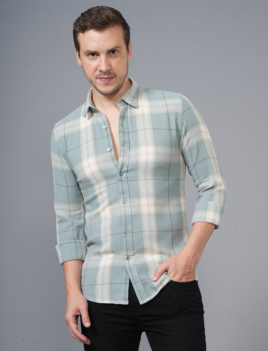Shop Green Cotton Check Full Sleeve Shirt For Men Online