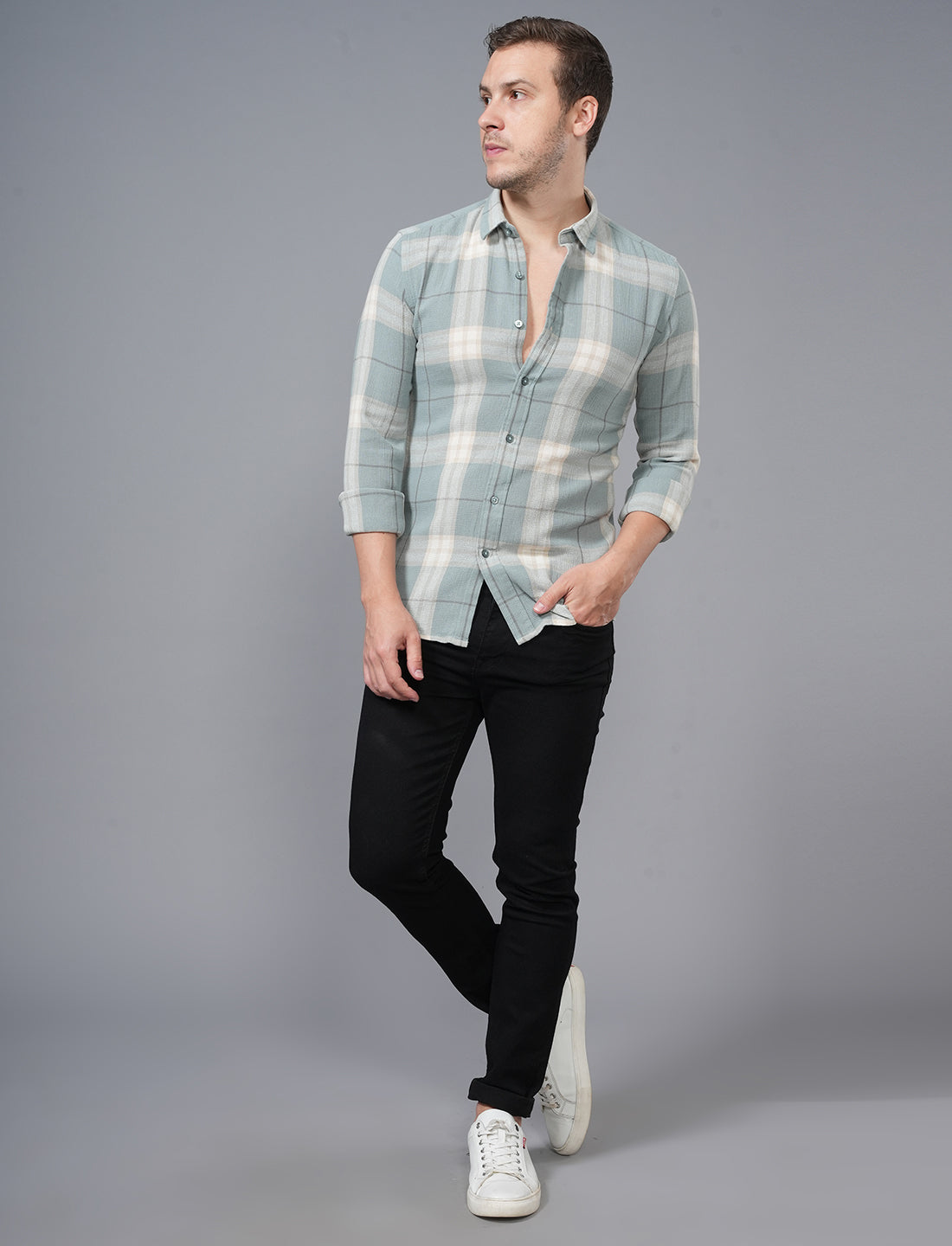 Green Woven Cotton Checked Full Sleeve Shirt For Men Online Shopping