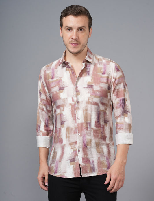 Onion Pink White Designed Abstract Printed Full Sleeve Printed Shirt