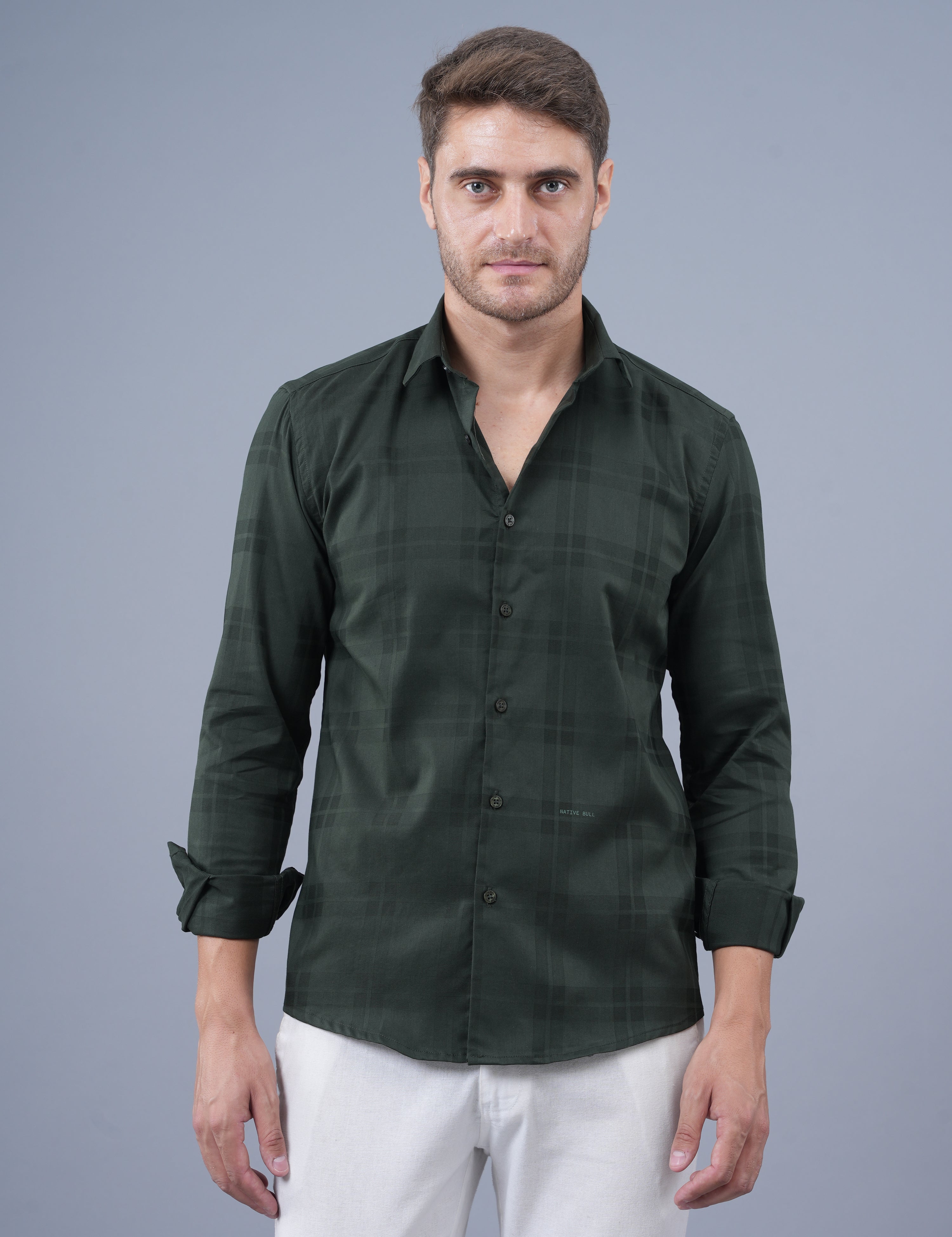 Native Bull Olive Green Large Checked Shirt