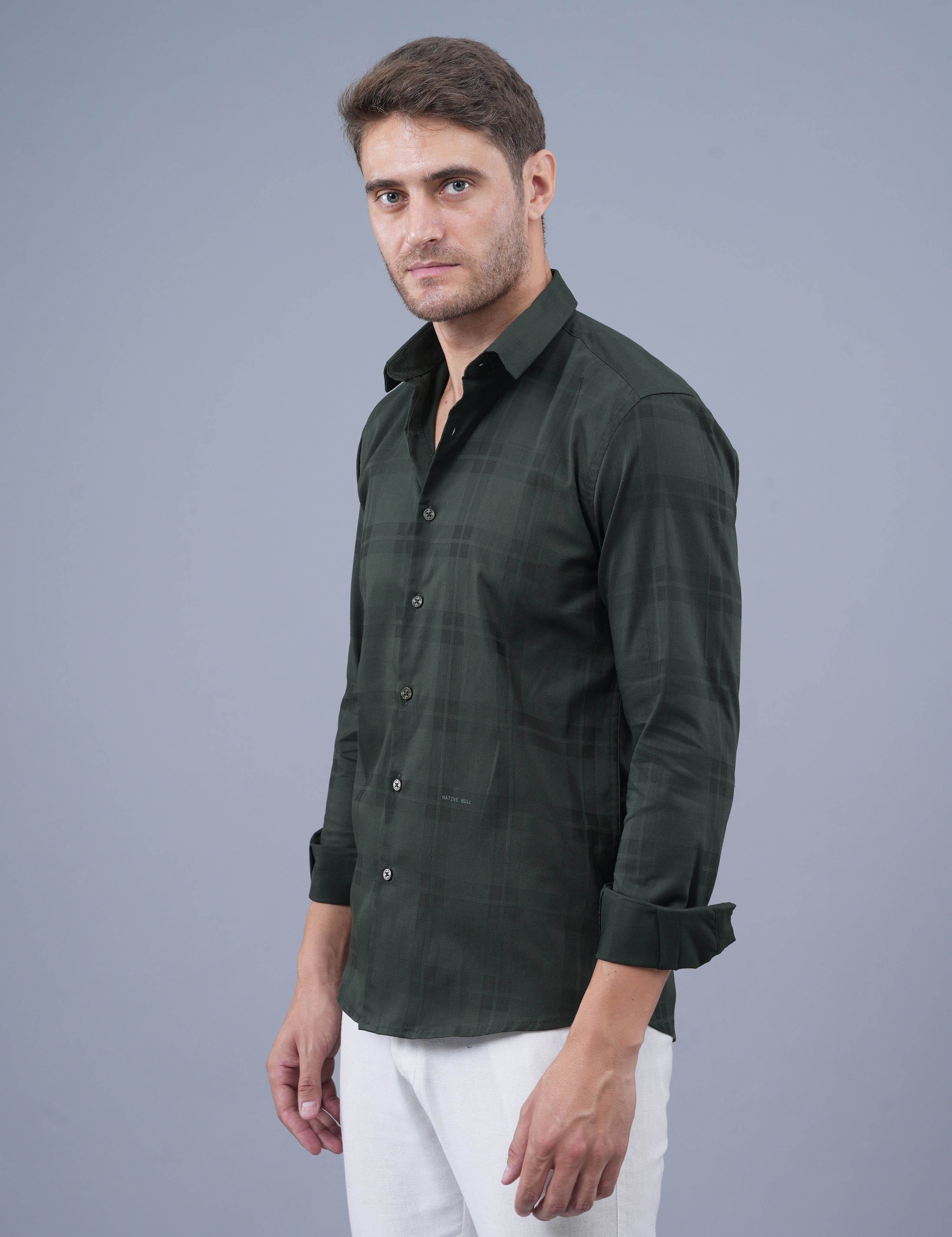 Olive Green Large Checked Full Sleeve Men Shirt